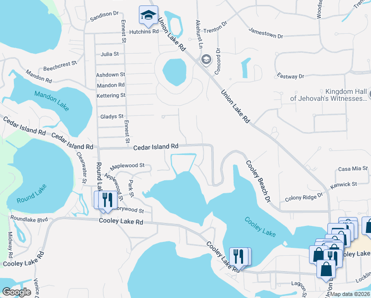 map of restaurants, bars, coffee shops, grocery stores, and more near 1145 Fairview Street in White Lake charter Township