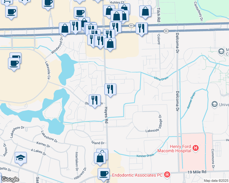 map of restaurants, bars, coffee shops, grocery stores, and more near 15337 Yale Drive in Charter Township of Clinton