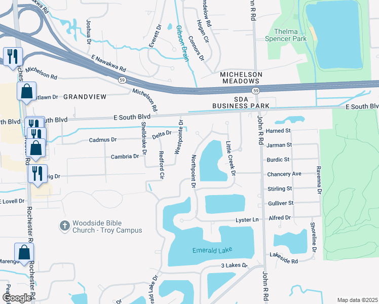 map of restaurants, bars, coffee shops, grocery stores, and more near 6817 Northpoint Drive in Troy