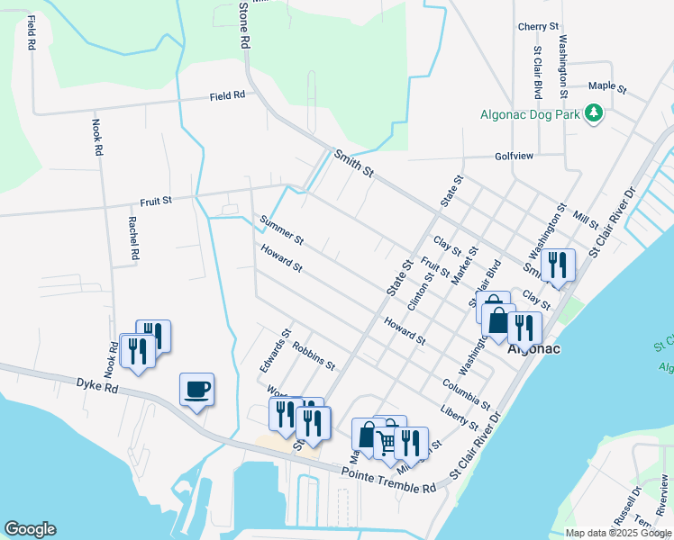 map of restaurants, bars, coffee shops, grocery stores, and more near 1045 Summer Street in Algonac
