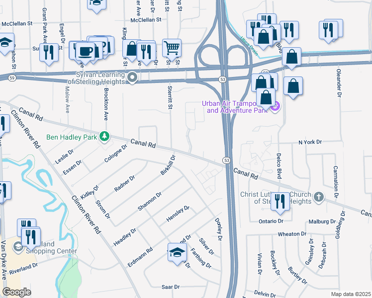 map of restaurants, bars, coffee shops, grocery stores, and more near 11375 Canal Road in Sterling Heights