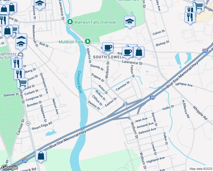 map of restaurants, bars, coffee shops, grocery stores, and more near 81 Eugene Street in Lowell