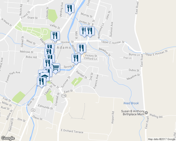 map of restaurants, bars, coffee shops, grocery stores, and more near 12 1st Street in Adams