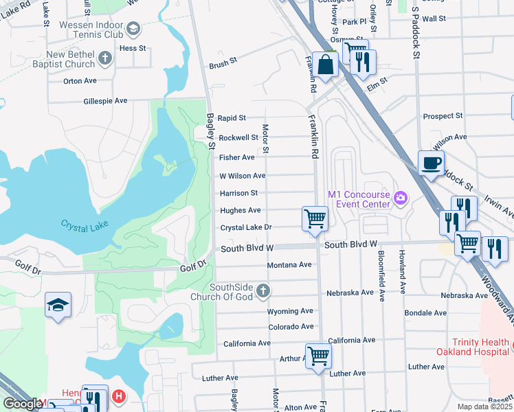 map of restaurants, bars, coffee shops, grocery stores, and more near 262 Hughes Avenue in Pontiac