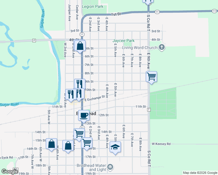map of restaurants, bars, coffee shops, grocery stores, and more near 507 10th Street in Brodhead