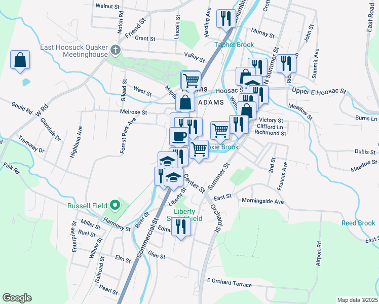 map of restaurants, bars, coffee shops, grocery stores, and more near 2 Pleasant Street in Adams