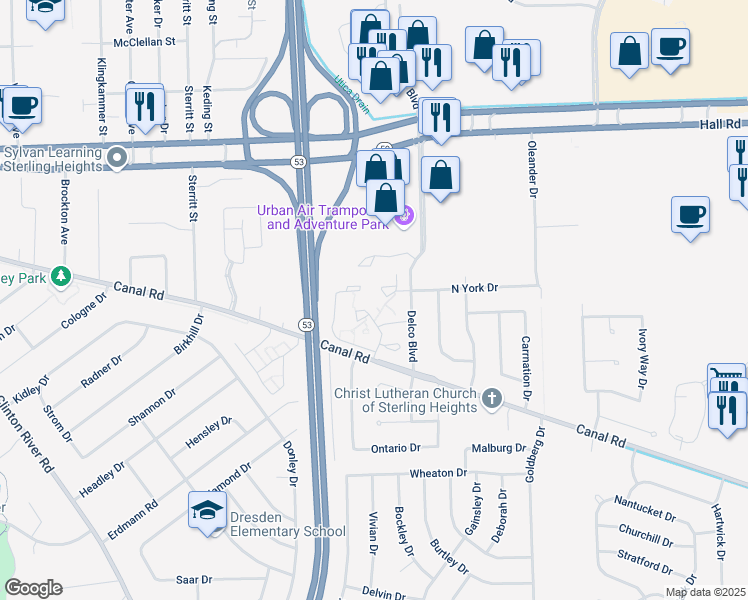 map of restaurants, bars, coffee shops, grocery stores, and more near 44401 Bridal Lane in Sterling Heights