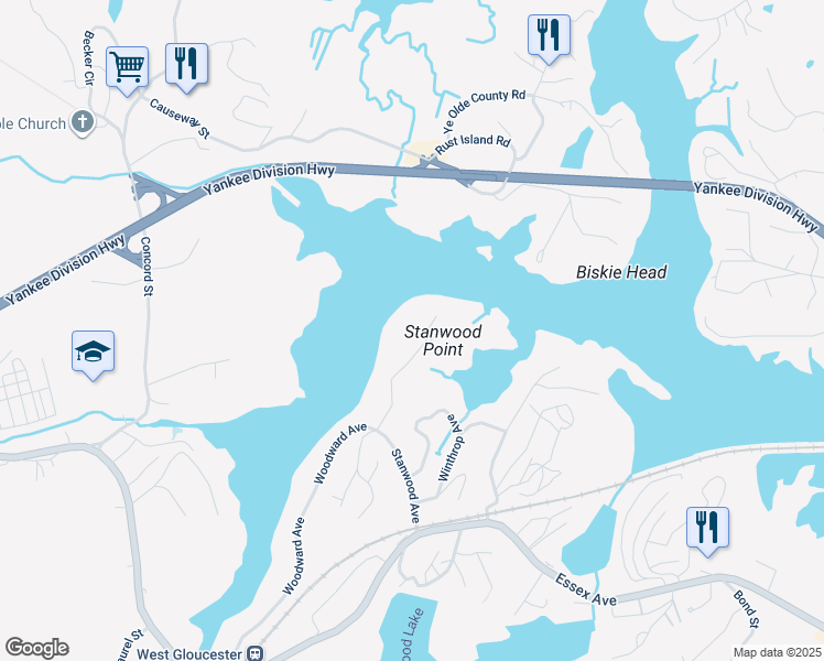 map of restaurants, bars, coffee shops, grocery stores, and more near 6 Stanwood Point in Gloucester
