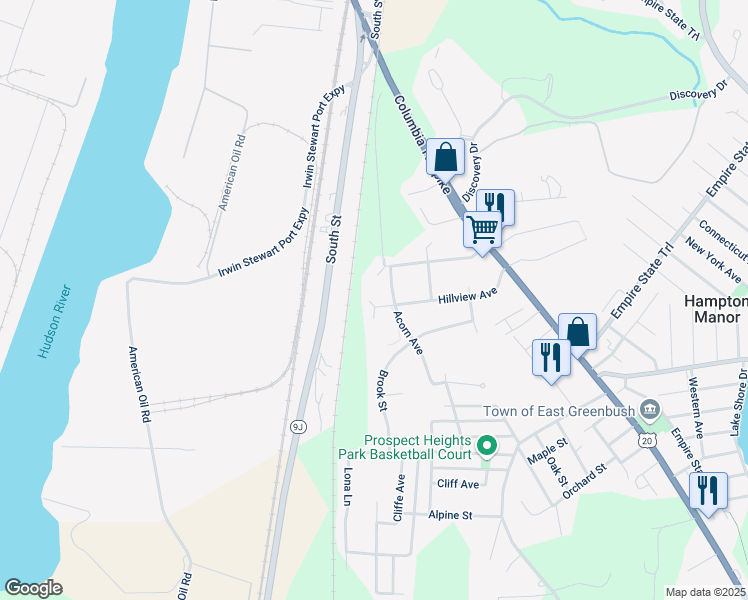 map of restaurants, bars, coffee shops, grocery stores, and more near 46 Hillview Avenue in Rensselaer