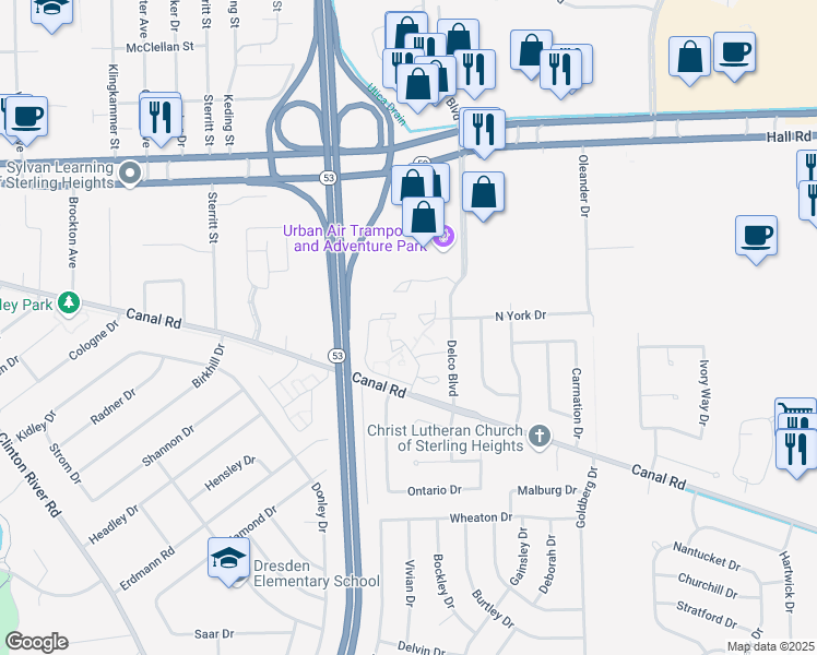 map of restaurants, bars, coffee shops, grocery stores, and more near 44401 Bridal Lane in Sterling Heights
