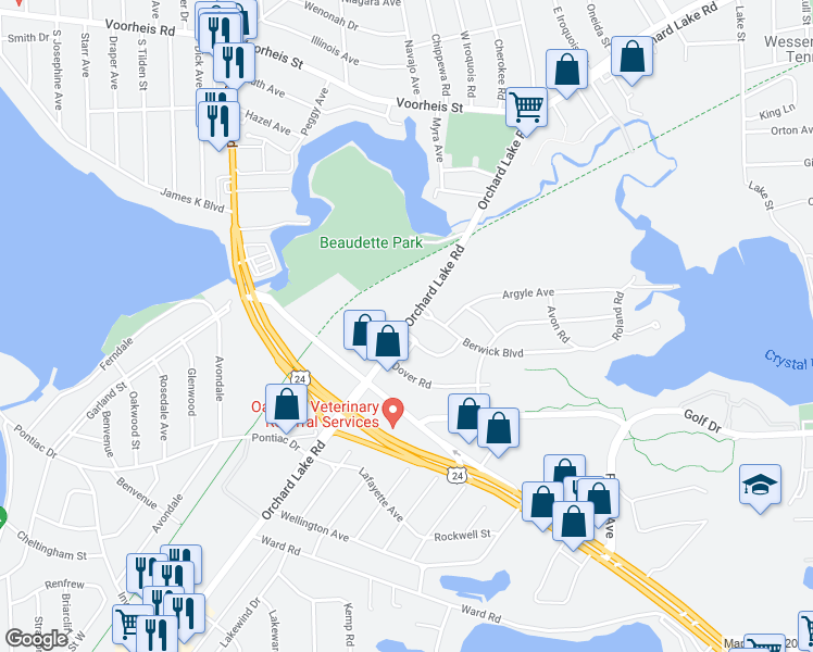 map of restaurants, bars, coffee shops, grocery stores, and more near 902-968 Orchard Lake Rd in Pontiac