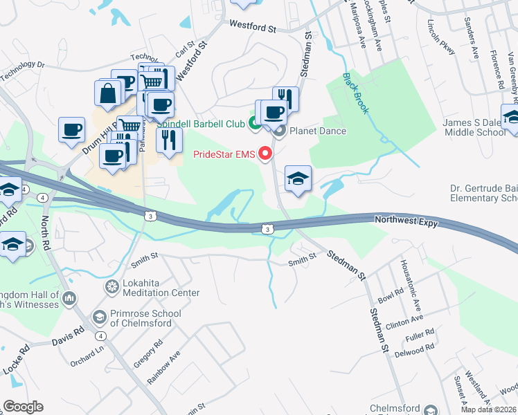 map of restaurants, bars, coffee shops, grocery stores, and more near 136 Stedman Street in Chelmsford