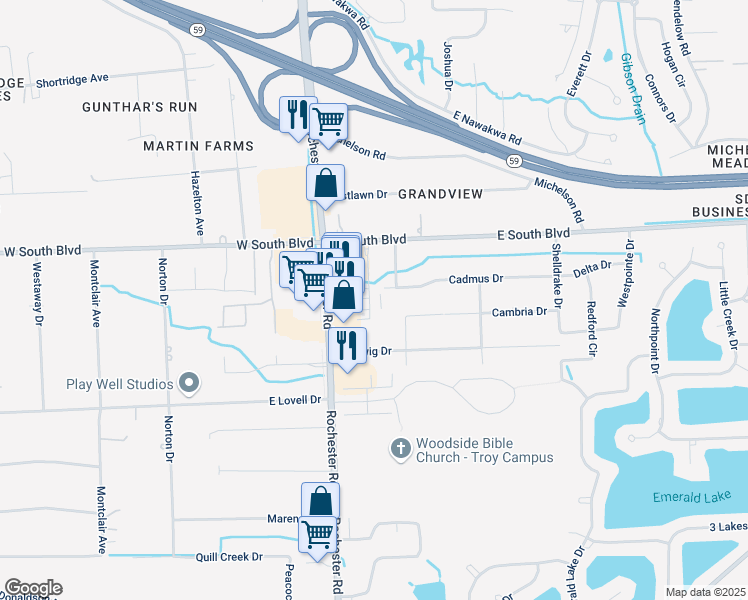map of restaurants, bars, coffee shops, grocery stores, and more near 6820 Solomon Drive in Troy