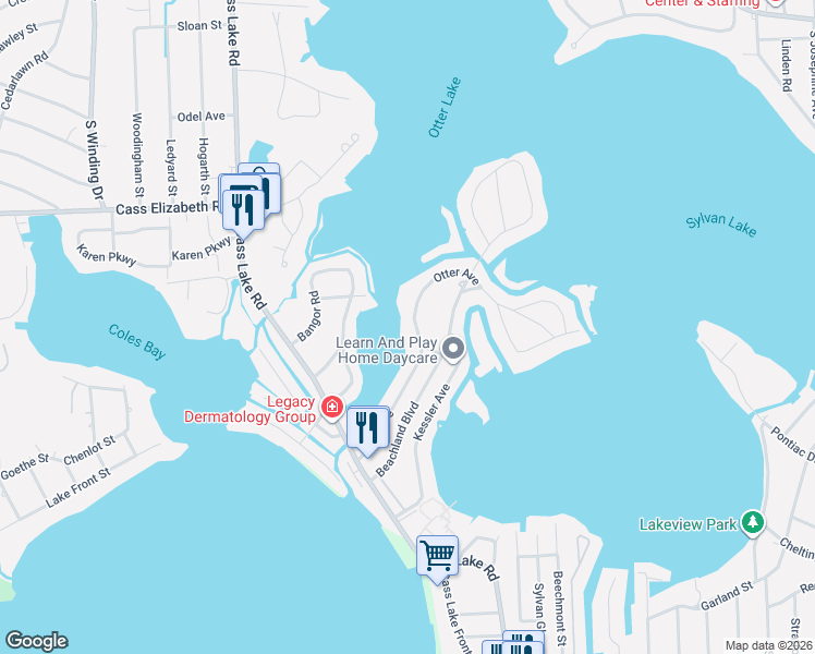 map of restaurants, bars, coffee shops, grocery stores, and more near 1275 Otter Avenue in Waterford Township