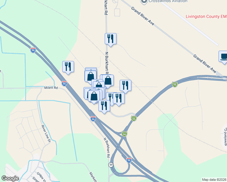 map of restaurants, bars, coffee shops, grocery stores, and more near 1360 North Burkhart Road in Howell
