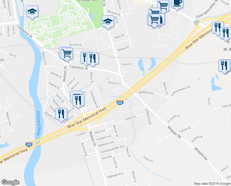 map of restaurants, bars, coffee shops, grocery stores, and more near 33 Boylston Lane in Lowell