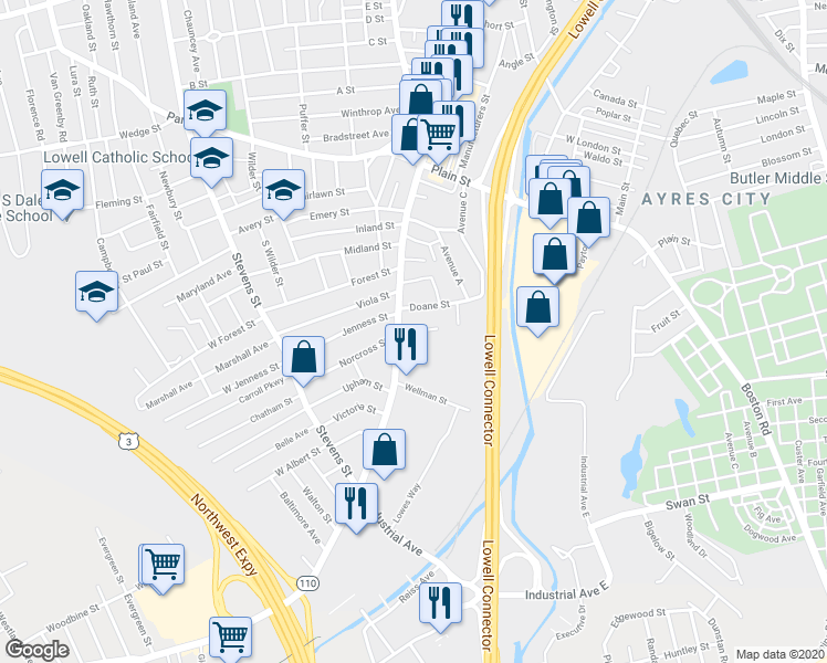 map of restaurants, bars, coffee shops, grocery stores, and more near 20 Newell Street in Lowell