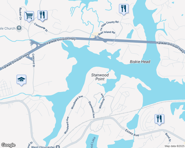 map of restaurants, bars, coffee shops, grocery stores, and more near 6 Stanwood Point in Gloucester