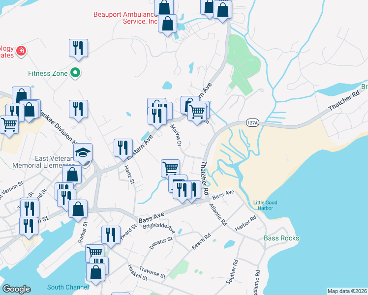 map of restaurants, bars, coffee shops, grocery stores, and more near 11 Marina Drive in Gloucester