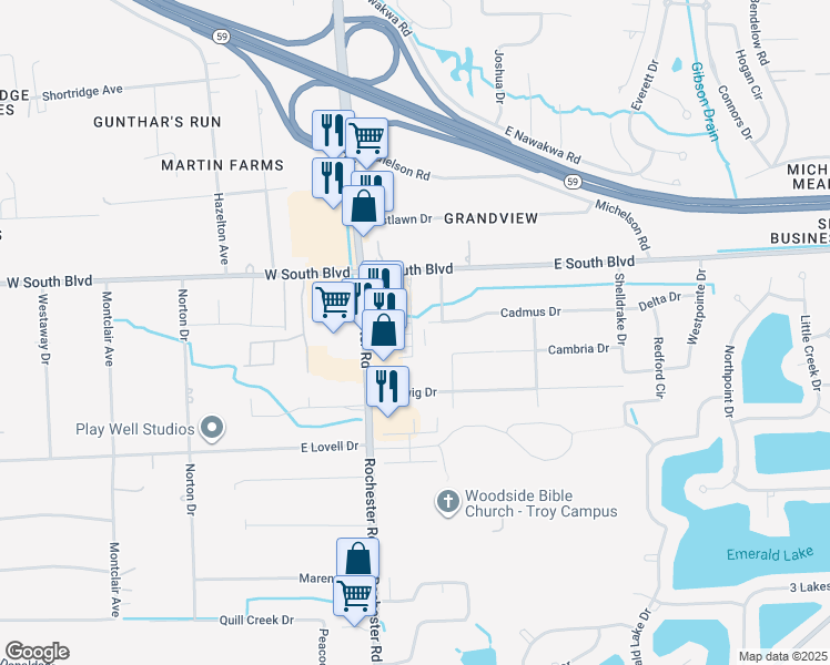 map of restaurants, bars, coffee shops, grocery stores, and more near 6828 Solomon Drive in Troy