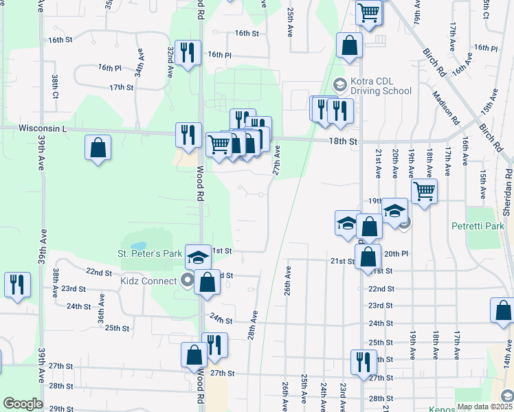 map of restaurants, bars, coffee shops, grocery stores, and more near 1920 27th Avenue in Kenosha