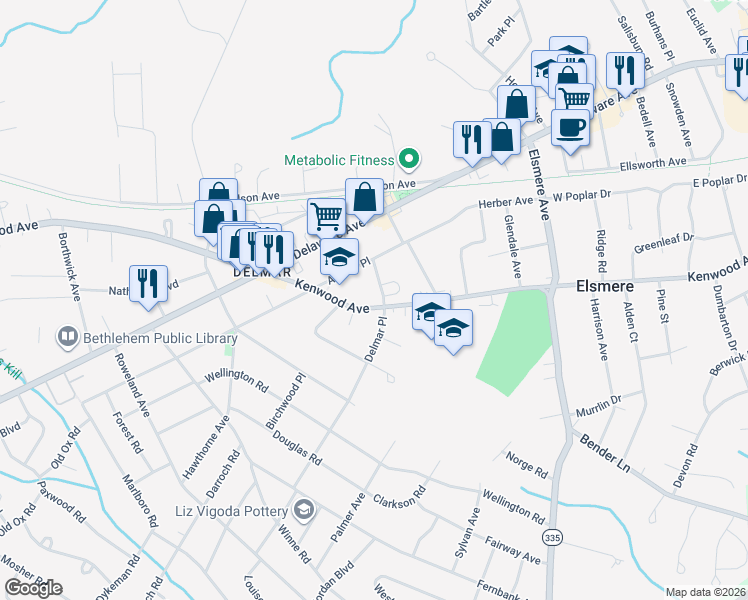 map of restaurants, bars, coffee shops, grocery stores, and more near 351 Kenwood Avenue in Delmar