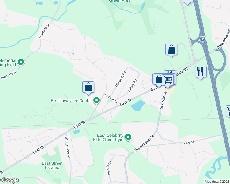 map of restaurants, bars, coffee shops, grocery stores, and more near 12 Ellington Road in Tewksbury