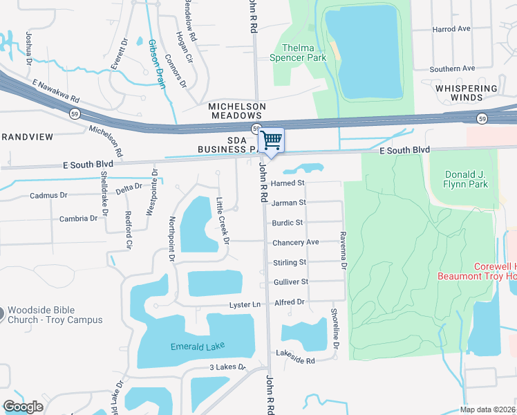 map of restaurants, bars, coffee shops, grocery stores, and more near 6814 John R Road in Troy