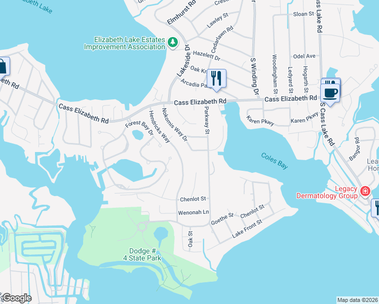 map of restaurants, bars, coffee shops, grocery stores, and more near 1167 Nokomis Way Drive in Waterford Township