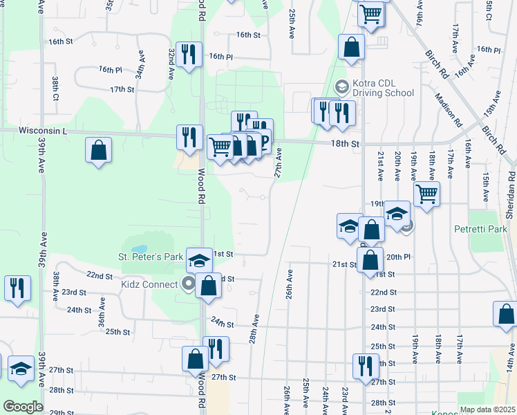 map of restaurants, bars, coffee shops, grocery stores, and more near 1920 27th Avenue in Kenosha