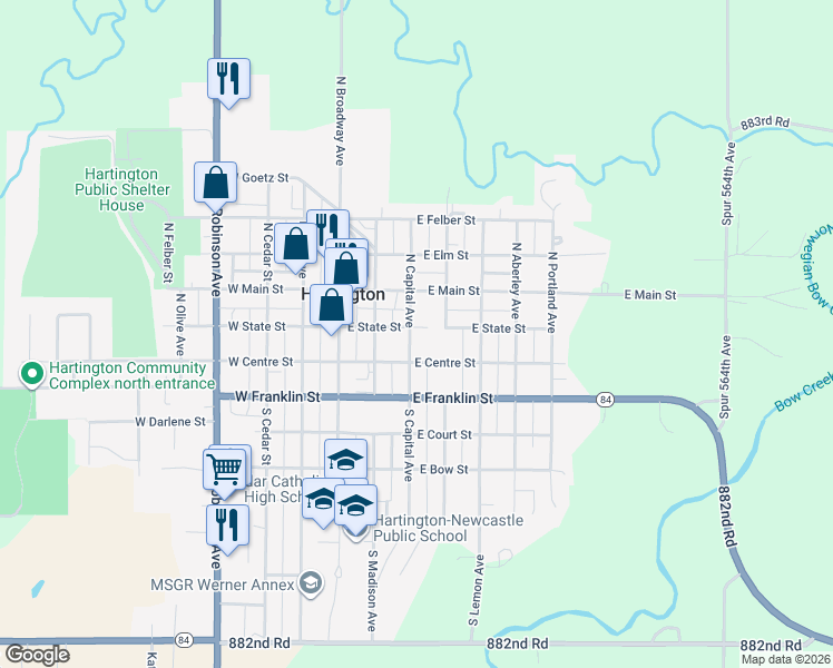 map of restaurants, bars, coffee shops, grocery stores, and more near 199 North Capital Avenue in Hartington