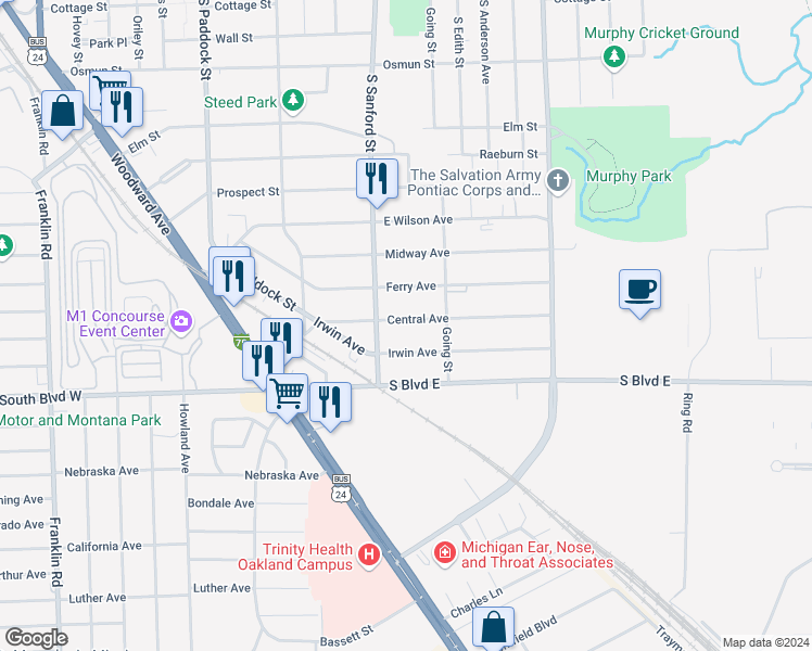 map of restaurants, bars, coffee shops, grocery stores, and more near 364 Central Avenue in Pontiac