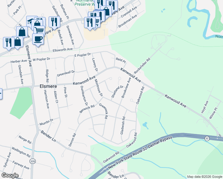 map of restaurants, bars, coffee shops, grocery stores, and more near 2 Haddington Lane in Delmar