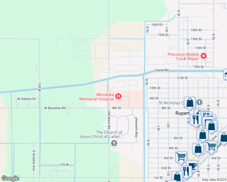 map of restaurants, bars, coffee shops, grocery stores, and more near 1224 8th Street in Rupert