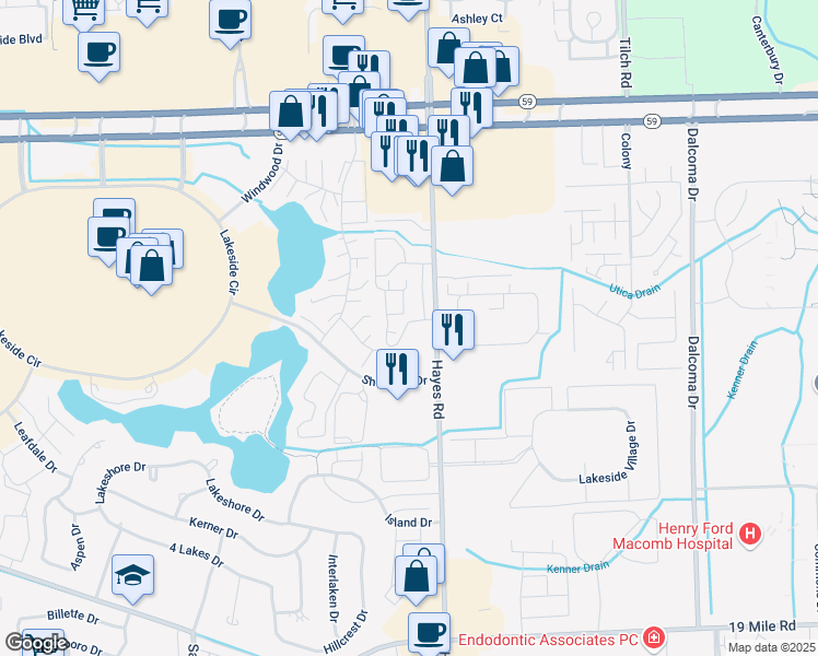 map of restaurants, bars, coffee shops, grocery stores, and more near 44197 Hayes Road in Sterling Heights