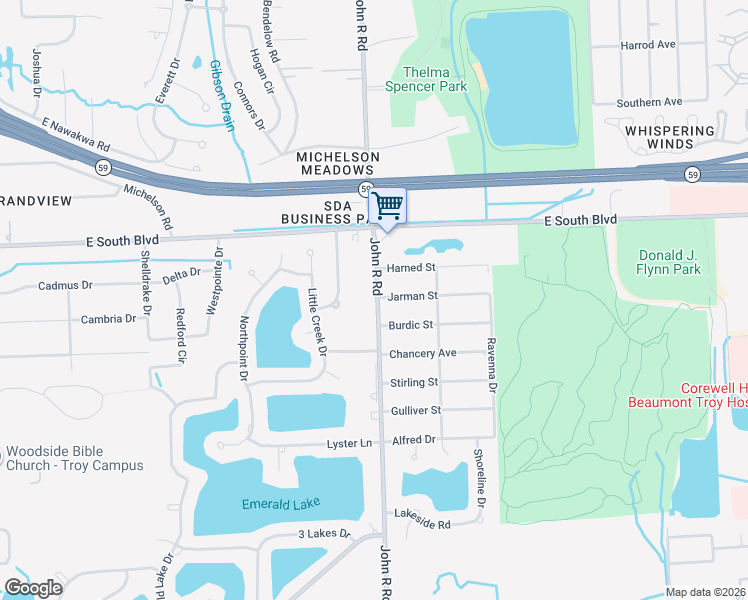 map of restaurants, bars, coffee shops, grocery stores, and more near 6814 John R Road in Troy