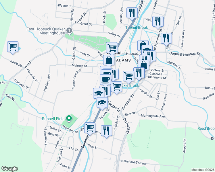 map of restaurants, bars, coffee shops, grocery stores, and more near 19 Park Street in Adams