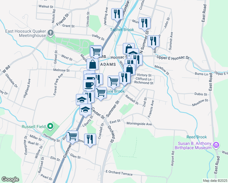 map of restaurants, bars, coffee shops, grocery stores, and more near 1 Dean Street in Adams