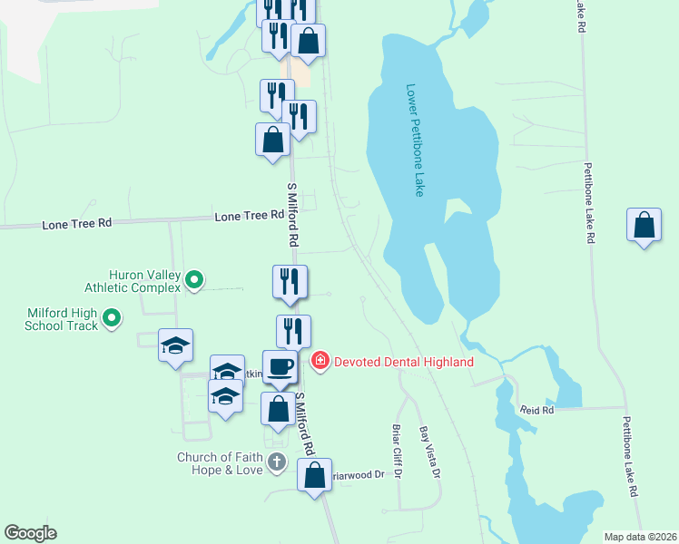 map of restaurants, bars, coffee shops, grocery stores, and more near 179 Jeremy Court in Highland Charter Township