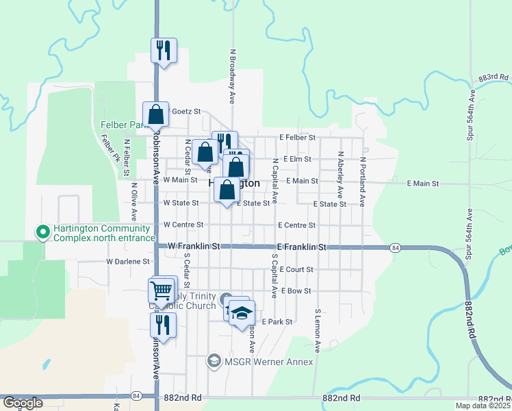 map of restaurants, bars, coffee shops, grocery stores, and more near 107N North Madison Avenue in Hartington