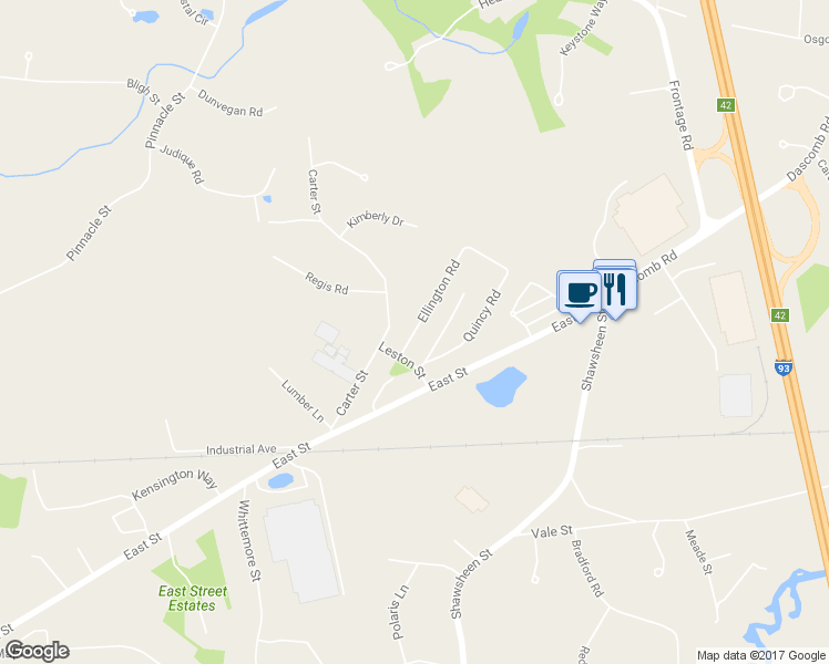 map of restaurants, bars, coffee shops, grocery stores, and more near 12 Ellington Road in Tewksbury