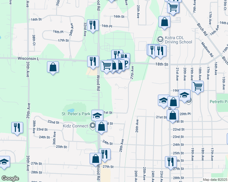 map of restaurants, bars, coffee shops, grocery stores, and more near 1920 27th Avenue in Kenosha