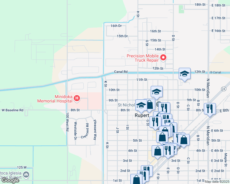 map of restaurants, bars, coffee shops, grocery stores, and more near 924 9th Street in Rupert