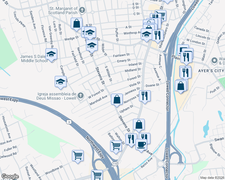 map of restaurants, bars, coffee shops, grocery stores, and more near 706 Stevens Street in Lowell