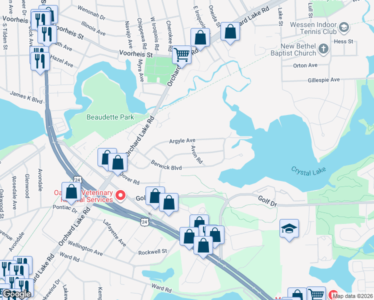 map of restaurants, bars, coffee shops, grocery stores, and more near 979 Canterbury Drive in Pontiac