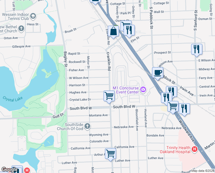 map of restaurants, bars, coffee shops, grocery stores, and more near 177 Hughes Avenue in Pontiac