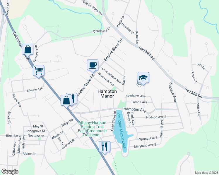 map of restaurants, bars, coffee shops, grocery stores, and more near in Hampton Manor
