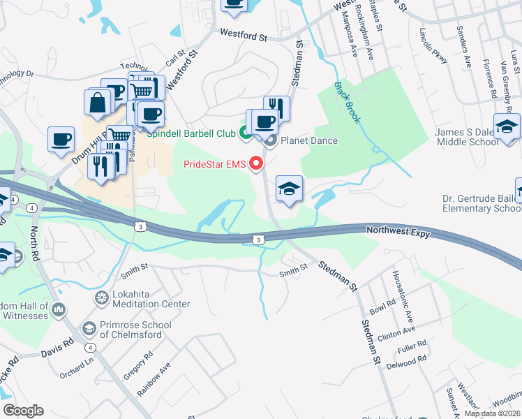 map of restaurants, bars, coffee shops, grocery stores, and more near 136 Stedman Street in Chelmsford