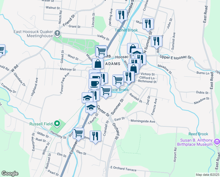 map of restaurants, bars, coffee shops, grocery stores, and more near 1-69 Dean Street in Adams