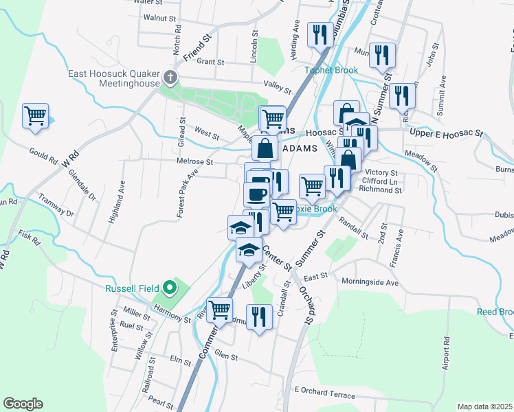 map of restaurants, bars, coffee shops, grocery stores, and more near 3 Park Street in Adams